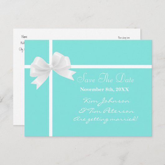 ティール（緑がかった色）ターコイズブルー&ボウウェディング日付を保存 案内ポストカード (正面/裏面)