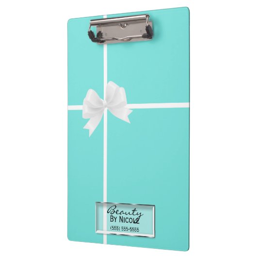 ティール（緑がかった色）ターコイズホワイトボウクラッシーエレガントグラム クリップボード (左)