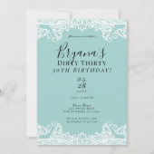 ティール(緑がかった色)ターコイズホワイトレースダーティ30 30th誕生日 招待状 (正面)