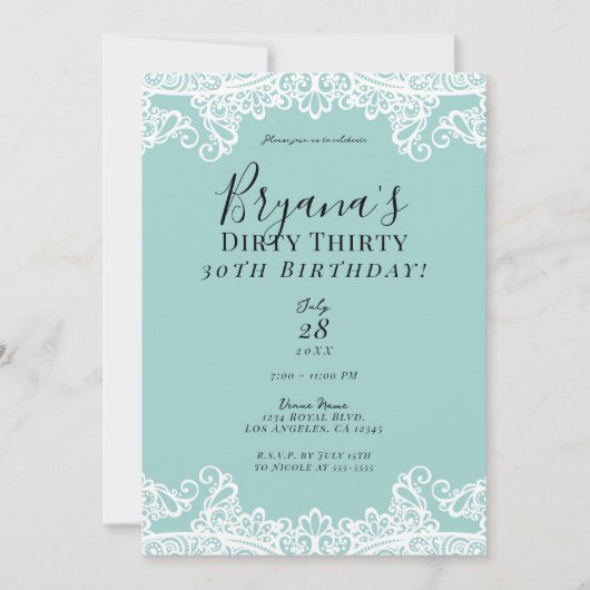 ティール（緑がかった色）ターコイズホワイトレースダーティ30 30th誕生日 招待状 (正面)