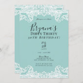 ティール（緑がかった色）ターコイズホワイトレースダーティ30 30th誕生日 招待状 (正面/裏面)