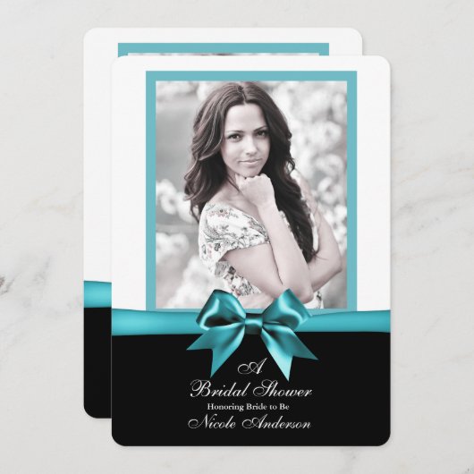 ティール(緑がかった色)ターコイズボウフォトブライダルシャワー 招待状 (正面/裏面)