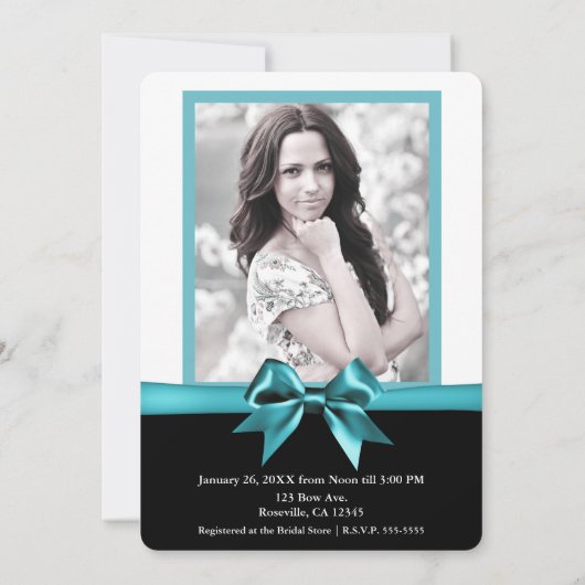 ティール（緑がかった色）ターコイズボウフォトブライダルシャワー 招待状 (裏面)