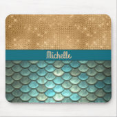 ティール（緑がかった色）ターコイズマーメイドはかりで測 |金ゴールドグリッター、名前 マウスパッド (正面)