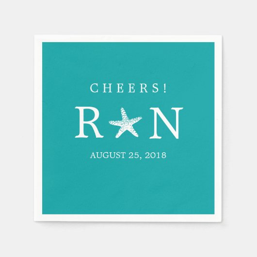 ティール（緑がかった色）ターコイズモノグラムヒトデ | 結婚s スタンダードカクテルナプキン (正面)