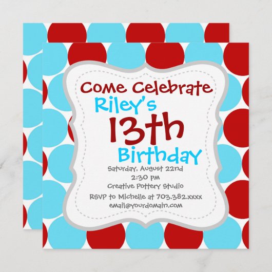 ティール（緑がかった色）ターコイズレッドビッグ水玉模様柄の贈り物 招待状 (正面/裏面)