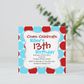 ティール（緑がかった色）ターコイズレッドビッグ水玉模様柄の贈り物 招待状 (スタンド正面)