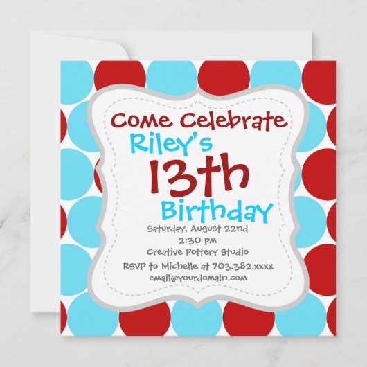 ティール（緑がかった色）ターコイズレッドビッグ水玉模様柄の贈り物 招待状 (正面)