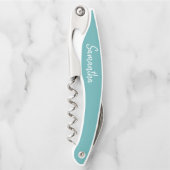ティール（緑がかった色）ターコイズ白モダンスクリプト名 ソムリエナイフ (正面)