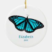 ティール(緑がかった色)ターコイズ蝶パーソナライズされた セラミックオーナメント (裏面)