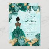 ティール（緑がかった色）ターコイズ金ゴールドフローラプリンセススウィート16 招待状 (正面/裏面)