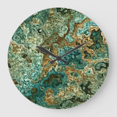 ティール(緑がかった色)ターコイズ金ゴールドブラウンミネラルズマーブルパターン ラージ壁時計 (正面)