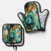 ティール（緑がかった色）ターコイズ金ゴールド抽象芸術アート 鍋つかみ&鍋敷きセット (正面/裏面)