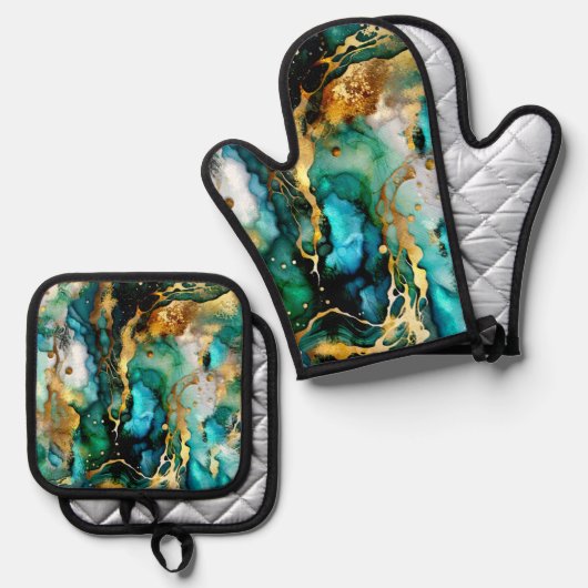 ティール（緑がかった色）ターコイズ金ゴールド抽象芸術アート 鍋つかみ&鍋敷きセット (正面/裏面)