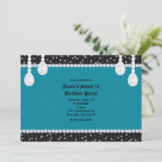 ティール(緑がかった色)ターコイズ&グラムダイヤモンドパーティの招待状 招待状 (スタンド正面)