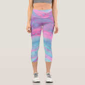 ティール（緑がかった色）、ターコイズ、ピンクの抽象芸術ハイウェストCapris カプリレギンス (正面)