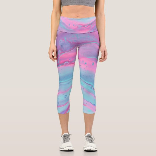 ティール（緑がかった色）、ターコイズ、ピンクの抽象芸術ハイウェストCapris カプリレギンス (正面)
