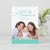 ティール（緑がかった色）ターコイズ&ホワイトメリークリスマスフォトカード シーズンカード (スタンド正面)