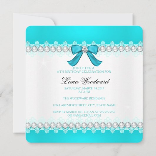 ティール(緑がかった色)ダイヤモンドガールズ13th誕生日パーティー 招待状 (裏面)