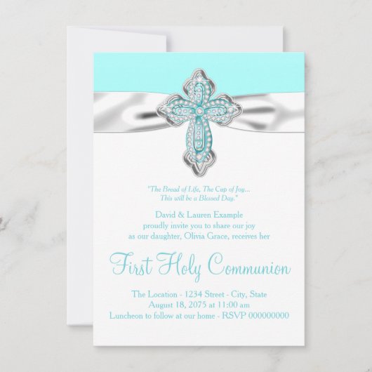 ティール（緑がかった色）ダイヤモンドクロスガールズティール（緑がかった色）ブルーファースト聖餐式 招待状 (正面)