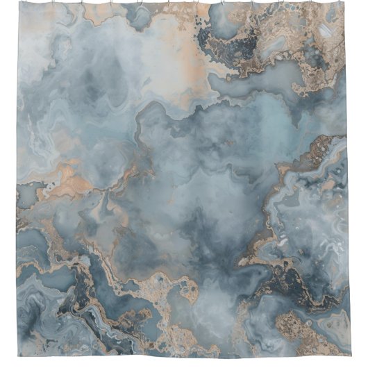 ティール（緑がかった色）ダスティブルーグレーベージュコンテンポラリー シャワーカーテン (正面)