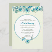 ティール(緑がかった色)ダスティブルーバラ水彩ブライダルシャワー 招待状 (正面/裏面)