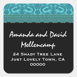ティール（緑がかった色）ダマスウェディング差出人住所ラベル スクエアシール