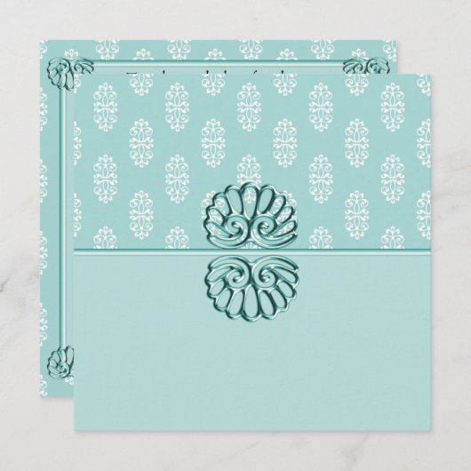 ティール(緑がかった色)ダマスウェディング 招待状 (正面/裏面)