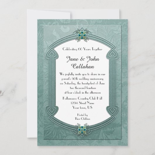 ティール（緑がかった色）ダマスエレガントク宝石記念日招待状 招待状 (正面)
