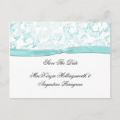 ティール(緑がかった色)ダマスクとティール(緑がかった色)リボン日付の保存 案内ポストカード (正面)