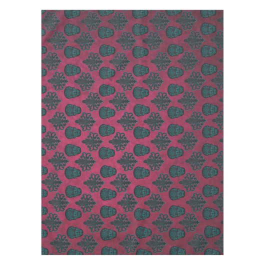 ティール（緑がかった色）ダマスクとテクスチャホットピンクのスカル テーブルクロス (正面)