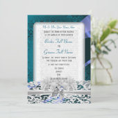 ティール（緑がかった色）ダマスクとホワイトレースビンテージ結婚式 招待状 (スタンド正面)