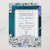 ティール（緑がかった色）ダマスクとホワイトレースビンテージ結婚式 招待状 (正面/裏面)