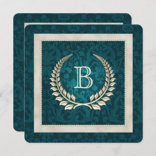 ティール（緑がかった色）ダマスクと結婚真珠の誓願の更新 招待状 (正面/裏面)