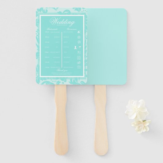 ティール（緑がかった色）ダマスクの日程 ハンドファン (正面&裏面)