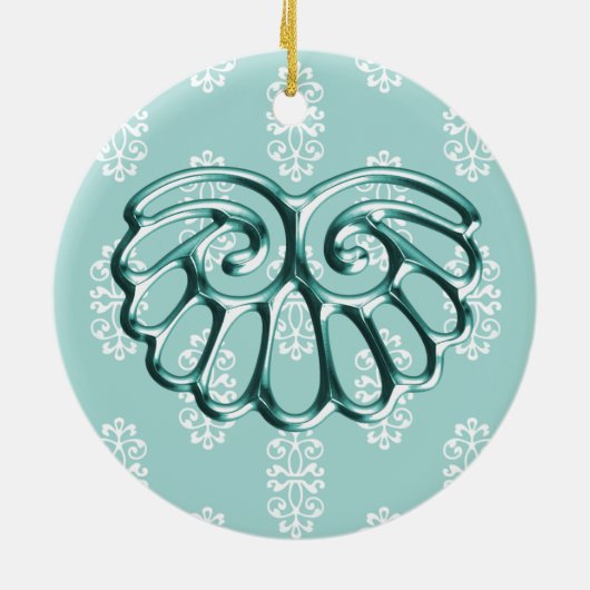 ティール（緑がかった色）ダマスクウェディング日付を保存 セラミックオーナメント (裏面)