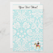 ティール（緑がかった色）ダマスクエストリアン 便箋 (正面/裏面)