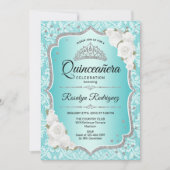 ティール(緑がかった色)ダマスクエレガントフローラキンセアニェラ 招待状 (正面)