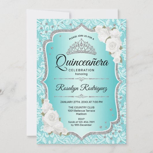ティール（緑がかった色）ダマスクエレガントフローラキンセアニェラ 招待状 (正面)