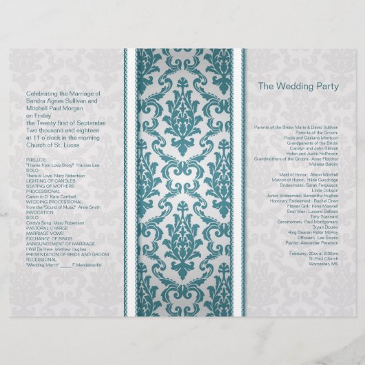 ティール（緑がかった色）ダマスクオンシルバー結婚式 プログラム (裏面)