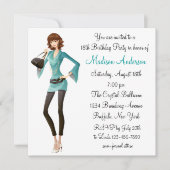 ティール（緑がかった色）ダマスクガールズ18thバースデーパーティー 招待状 (正面)