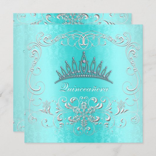 ティール（緑がかった色）ダマスクキンセアニェラダイアモンドティアラ招待状 招待状 (正面/裏面)