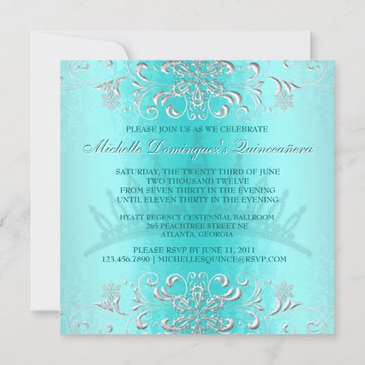 ティール（緑がかった色）ダマスクキンセアニェラダイアモンドティアラ招待状 招待状 (裏面)