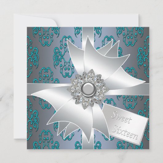 ティール（緑がかった色）ダマスクグリッターギフトSweet sixteen 招待状 (正面)