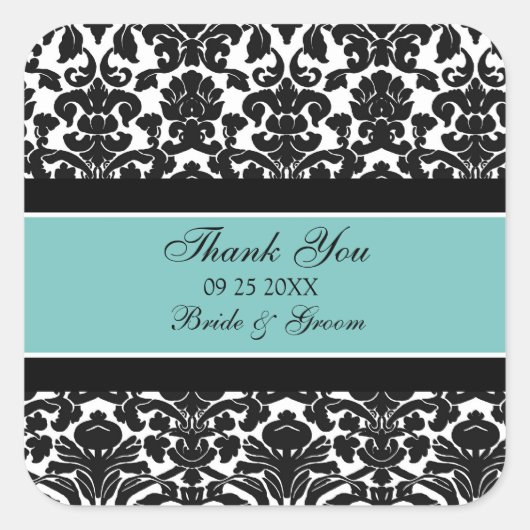 ティール（緑がかった色）ダマスクサンキューユー結婚式の引き出物ラベル スクエアシール (正面)