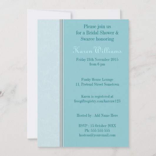 ティール(緑がかった色)ダマスクシンプルブライダルシャワー招待 招待状 (裏面)