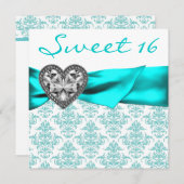 ティール（緑がかった色）ダマスクハートティール（緑がかった色）ブルースウィート16パーティー 招待状 (正面/裏面)