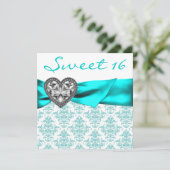 ティール（緑がかった色）ダマスクハートティール（緑がかった色）ブルースウィート16パーティー 招待状 (スタンド正面)