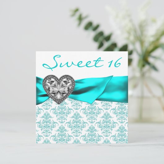 ティール（緑がかった色）ダマスクハートティール（緑がかった色）ブルースウィート16パーティー 招待状 (スタンド正面)