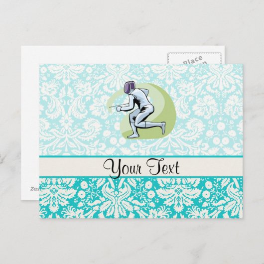 ティール(緑がかった色)ダマスクパターンフェンシング ポストカード (正面/裏面)